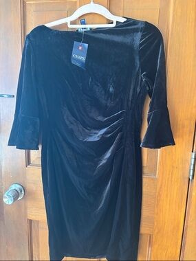 NWT Chaps Black Velvet Ruched Sheath Dress with Bell Sleeves